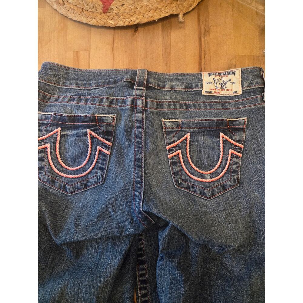 Womans Y2K True Religion Skinny Jeans with Pink Horseshoe Pocket Stitching 30x30